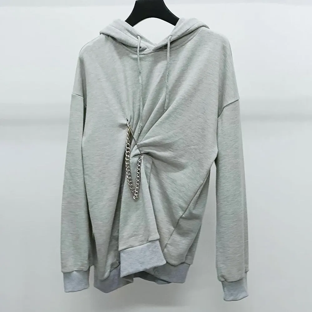 Asymmetrical Ruched Sweatshirt For Women Hooded Collar Long Sleeve Streetwear Sweatshirts Female Fall Fashion