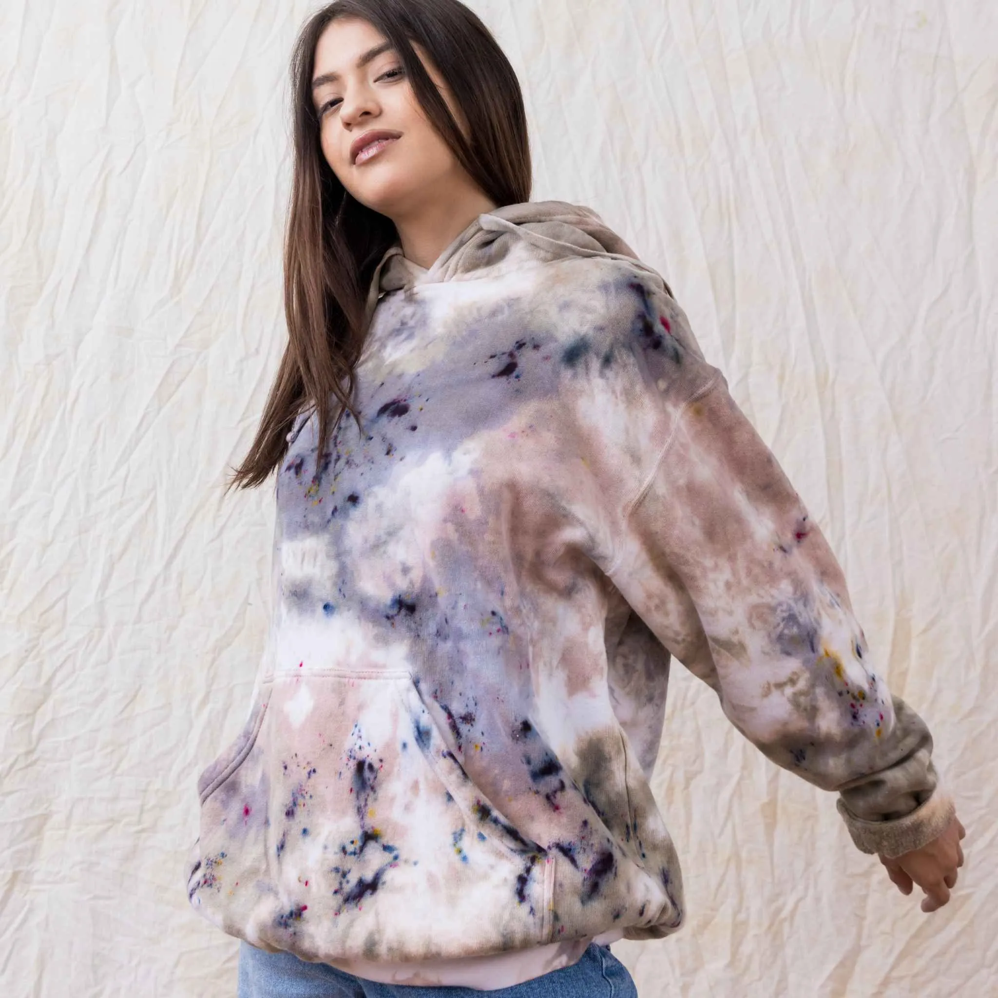 Beige grunge unisex tie dye hoodie super soft cotton fleece hooded sweater