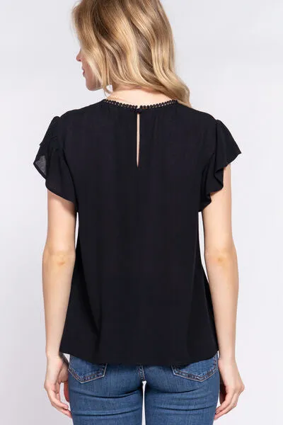 Black Ruffle Short Sleeve Crochet Blouse