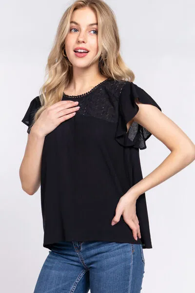 Black Ruffle Short Sleeve Crochet Blouse