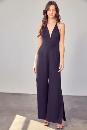 DEEP V NECK WIDE LEG JUMPSUIT