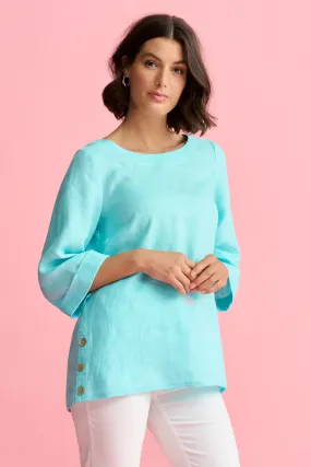 French Linen Button Detail Top - Aqua