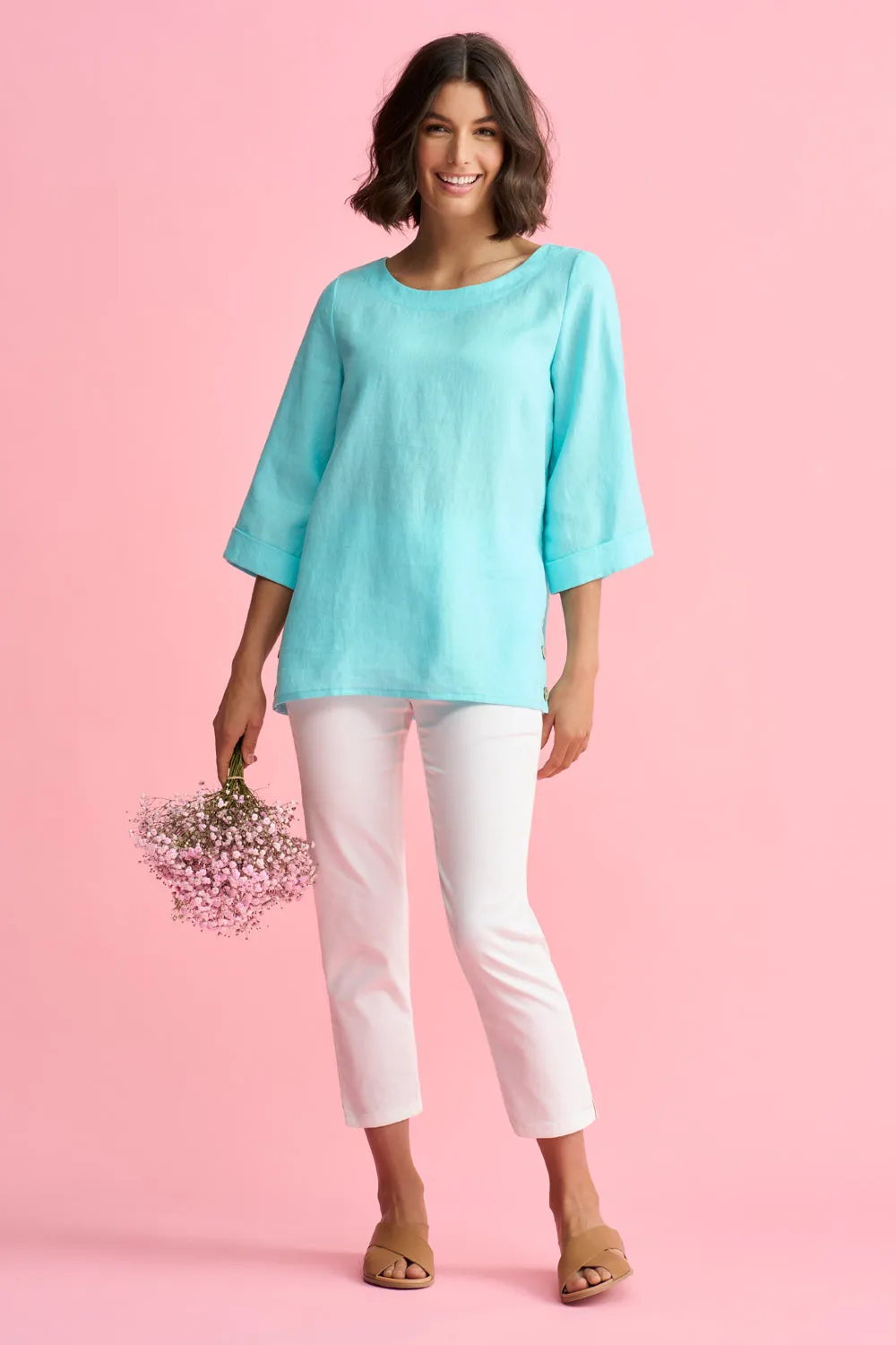 French Linen Button Detail Top - Aqua