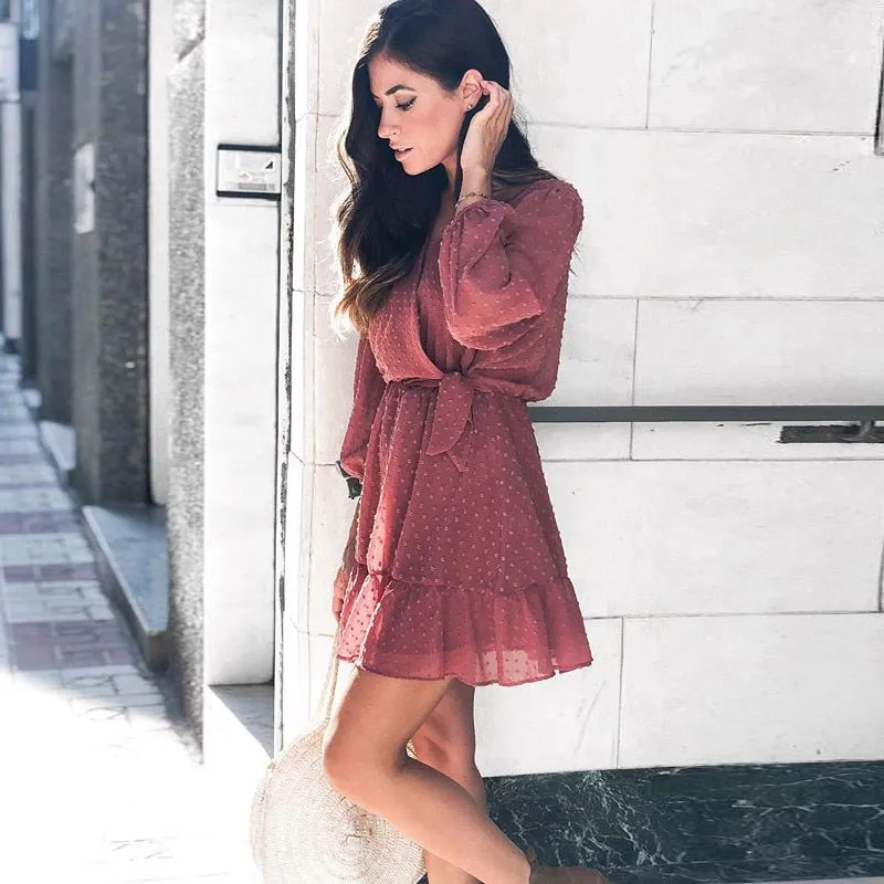 Lace Chiffon Three Quarter Sleeve Boho Mini Dress