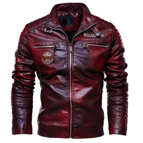 Leather Jacket Men's Winter Fleece Motorcycle PU Stand Collar Casual Windbreaker Ropa De Hombre Slim Coat