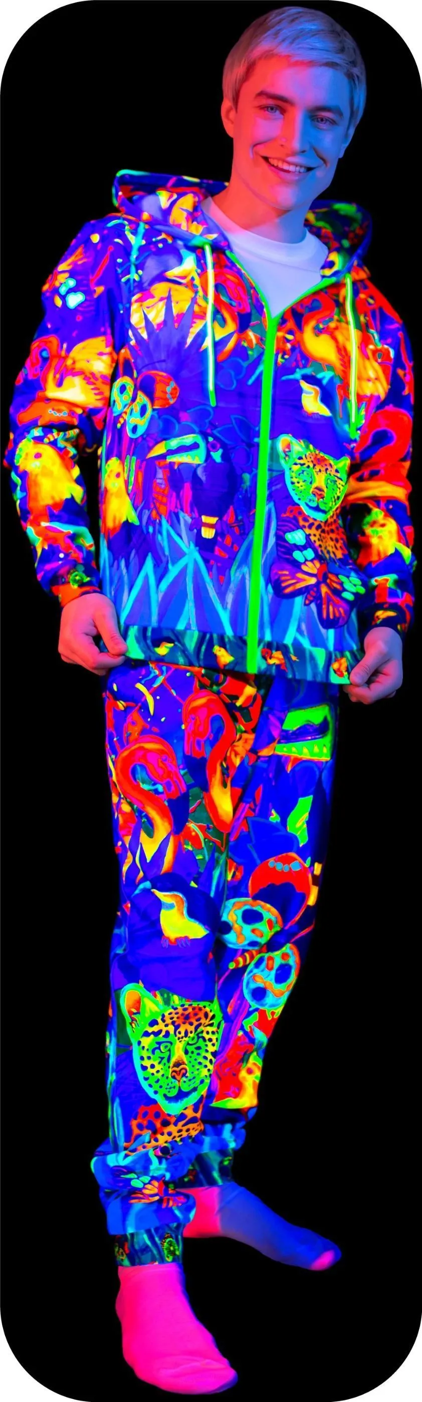 Neon Zip Hoodie Glow in The Blacklight Lion Jungle