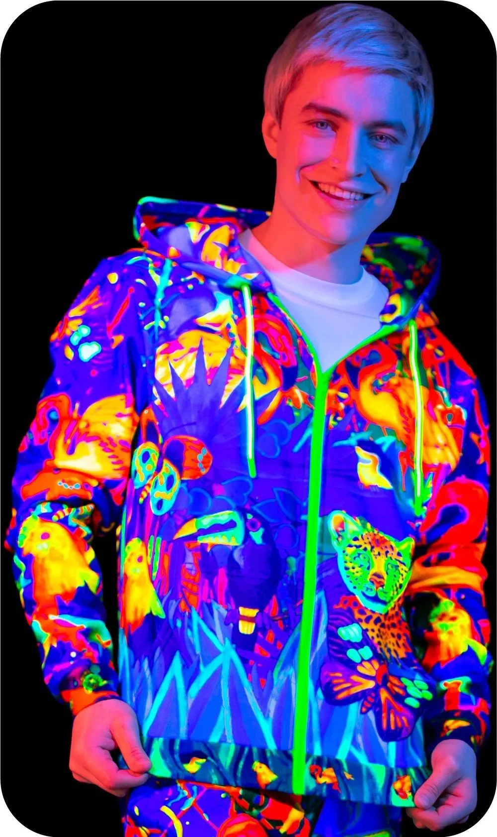 Neon Zip Hoodie Glow in The Blacklight Lion Jungle