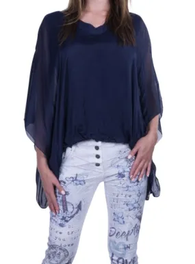 V-Neck Silk Blouse W/Balloon Hem Navy