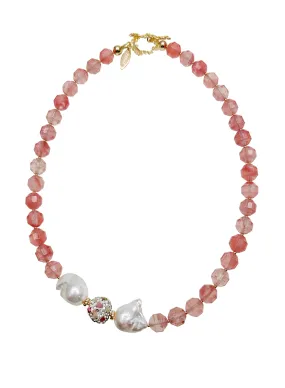 Watermelon Quartz With Baroque Pearls Statement Necklace JN009